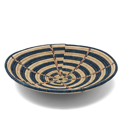 African Fair Trade Handwoven 16-inch Raffia Basket, Teal/Tan