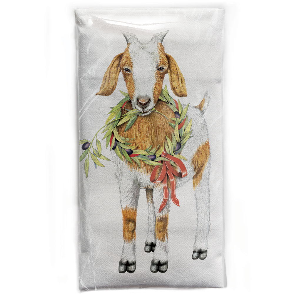 Mary Lake-Thompson Goat with Olive Wreath Cotton Flour Sack Dish Towel