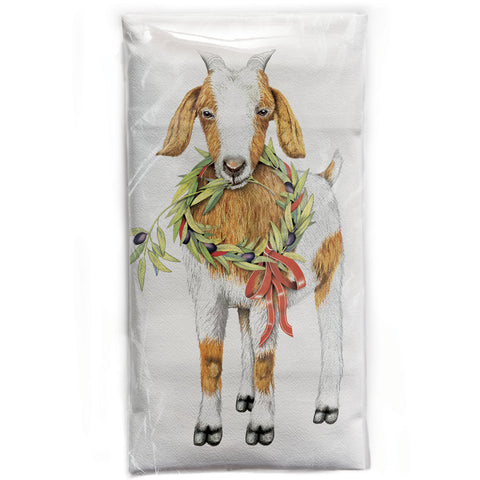 Mary Lake-Thompson Goat with Olive Wreath Cotton Flour Sack Dish Towel