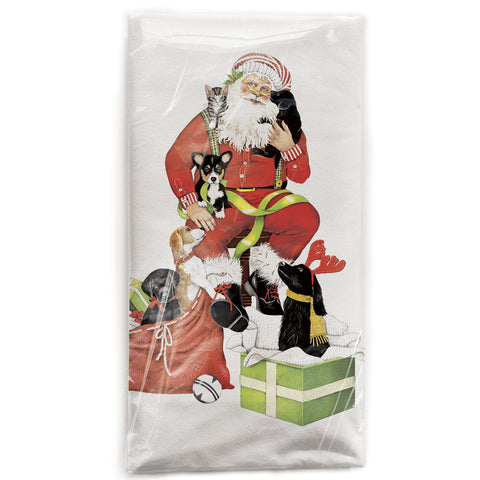 Mary Lake-Thompson Santa with Puppies Cotton Flour Sack Dish Towel