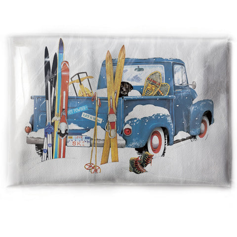 Mary Lake-Thompson Blue Pickup Truck with Skis Flour Sack Dish Towel