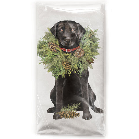 Mary Lake-Thompson Holiday Black Lab with Wreath Cotton Flour Sack Dish Towel