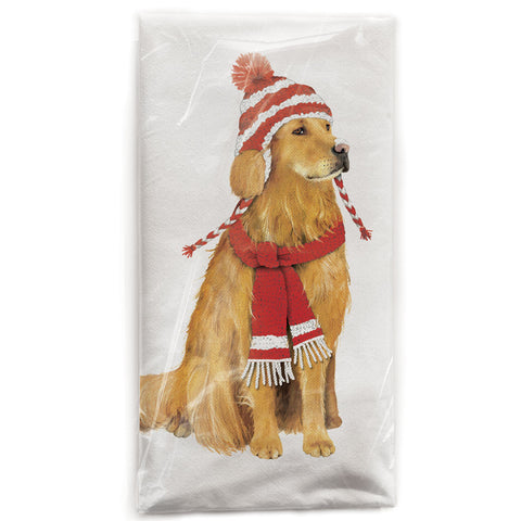 Mary Lake-Thompson Holiday Golden Retriever with Hat Flour Sack Dish Towel
