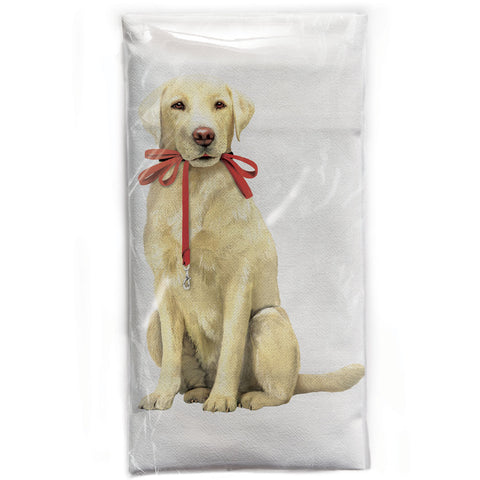 Mary Lake-Thompson Yellow Lab with Red Leash Flour Sack Dish Towel