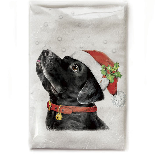 Mary Lake-Thompson Black Lab with Santa Cap Cotton Flour Sack Dish Towel