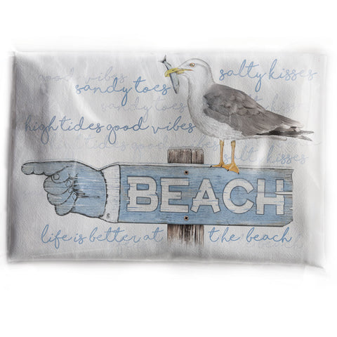 Mary Lake-Thompson Beach Sign with Seagull Cotton Flour Sack Dish Towel