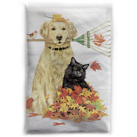 Mary Lake-Thompson Raking Leaves Dog and Cat Cotton Flour Sack Dish Towel