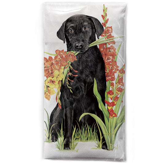 Mary Lake-Thompson Black Lab with Gladiolus Cotton Flour Sack Dish Towel