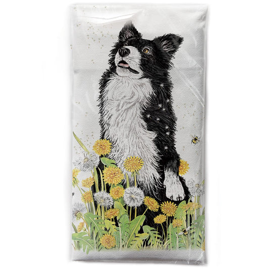 Mary Lake-Thompson Collie in Dandelions Cotton Flour Sack Dish Towel