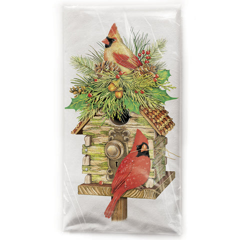 Mary Lake-Thompson Cardinals with Log Cabin Birdhouse Cotton Flour Sack Dish Towel