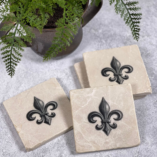 Studio Vertu Fleur de Lis Tumbled Marble Coasters, Black & White, Set of 4