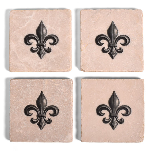 Studio Vertu Fleur de Lis Tumbled Marble Coasters, Black & White, Set of 4