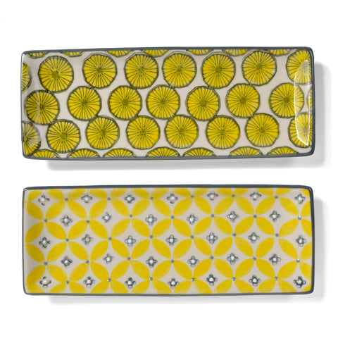 Creative Co-Op 9 x 3.4-inch Stoneware Trays with Hand Stamped Designs, Set of 2