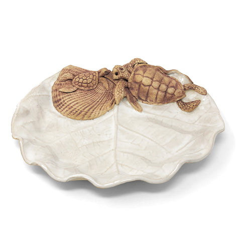 Charlestown Porcelaine Sea Grape Leaf Platter with Mother and Baby Turtles