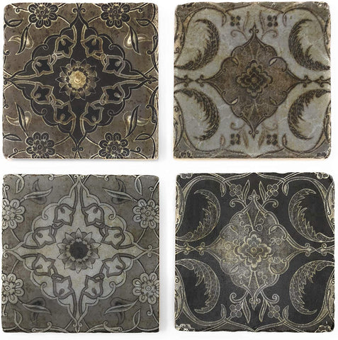 Vintage Tiles Print Tumbled Marble Coasters, Set of 4