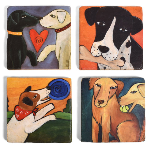 Studio Vertu Sticks Dogs Tumbled Marble Coasters, Set of 4