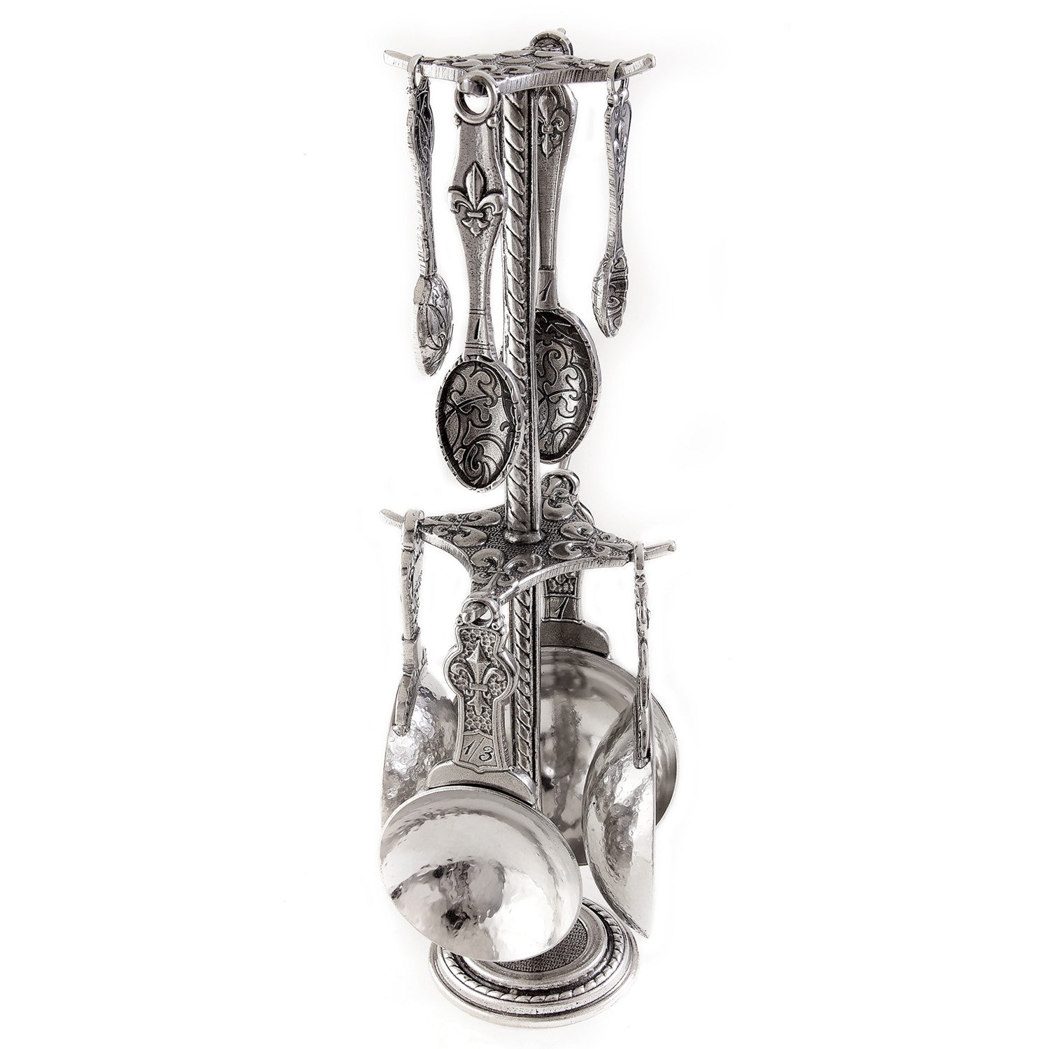 Crosby & Taylor Fleur de Lys Artisan Pewter Measuring Cups and Spoons with Display Post, 9-piece Set, Handmade in the USA
