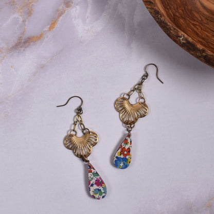 Cicada Design Wood and Brass Teardrop Earrings with Liberty London Emma and Georgina Fabric