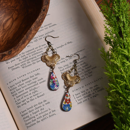 Cicada Design Wood and Brass Teardrop Earrings with Liberty London Emma and Georgina Fabric