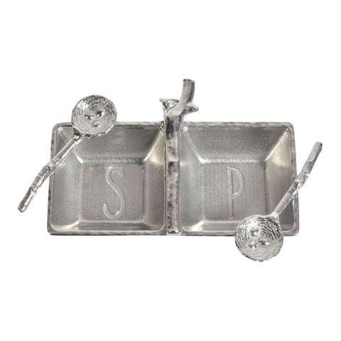 Crosby & Taylor Pewter Salt & Pepper Tray with Twig Bird's Nest Spoons
