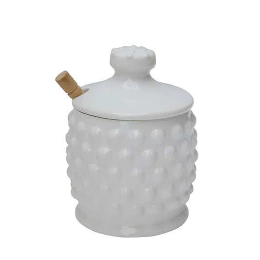 Creative Co-Op Vintage Hobnail Ceramic Honey Jar with Lid and Wooden Dipper, White