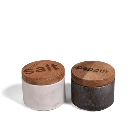 Creative Co-Op Black & White Marble Salt & Pepper Pots with Wood Lids