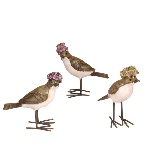 Painted Resin 4-1/4-inch Bird Figurines with Flower Hats, Set of 3