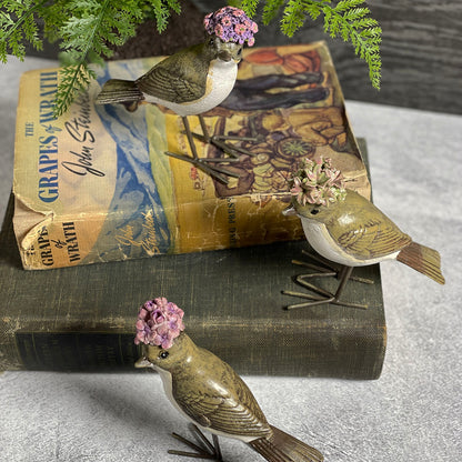 Painted Resin 4-1/4-inch Bird Figurines with Flower Hats, Set of 3