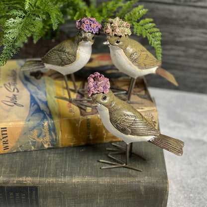 Painted Resin 4-1/4-inch Bird Figurines with Flower Hats, Set of 3