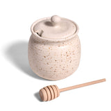 Stoneware Honey Jar with Lid and Wood Dipper, Speckled Ivory