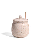Stoneware Honey Jar with Lid and Wood Dipper, Speckled Ivory