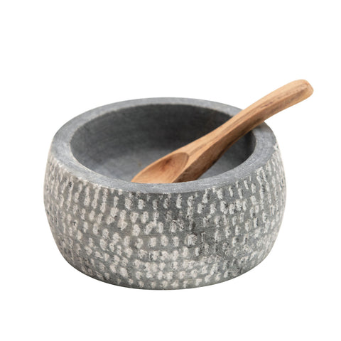 Creative Co-Op 4-inch Carved Granite Bowl with Wooden Spoon, Gray