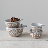 Creative Co-Op 4-piece Stoneware Measuring Cup Set with White Wax Relief Patterns
