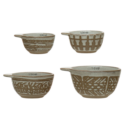 Creative Co-Op 4-piece Stoneware Measuring Cup Set with White Wax Relief Patterns