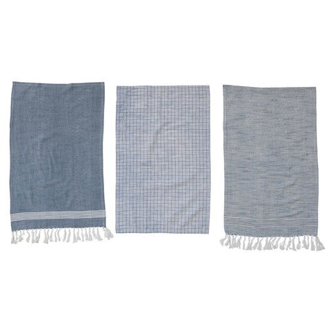 Creative Co-Op Cotton Blend Hamman Style Tea Towels, Set of 3, Blue/White