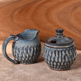 Dirty Dog Pottery Handmade Carved Cream and Sugar Set, Shades of Blue