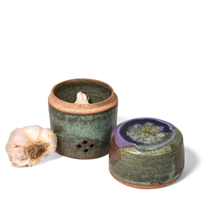 Dock 6 Pottery Handmade Small Garlic Keeper with Fused Glass Lid, Purple/Green