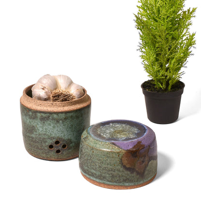 Dock 6 Pottery Handmade Small Garlic Keeper with Fused Glass Lid, Purple/Green
