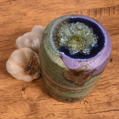 Dock 6 Pottery Handmade Small Garlic Keeper with Fused Glass Lid, Purple/Green