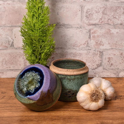 Dock 6 Pottery Handmade Small Garlic Keeper with Fused Glass Lid, Purple/Green