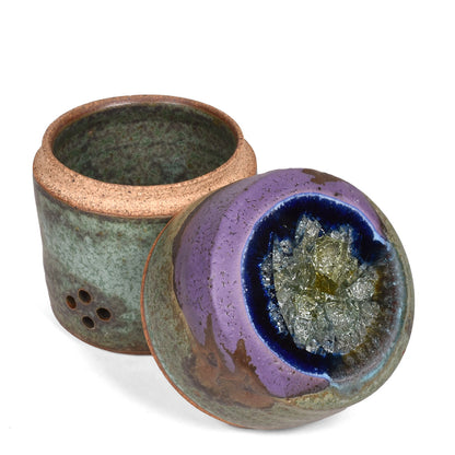 Dock 6 Pottery Handmade Small Garlic Keeper with Fused Glass Lid, Purple/Green