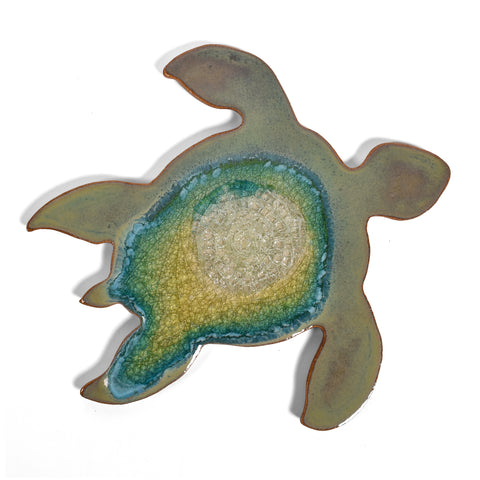 Dock 6 Pottery Sea Turtle Trivet with Fused Glass, Textured Turquoise