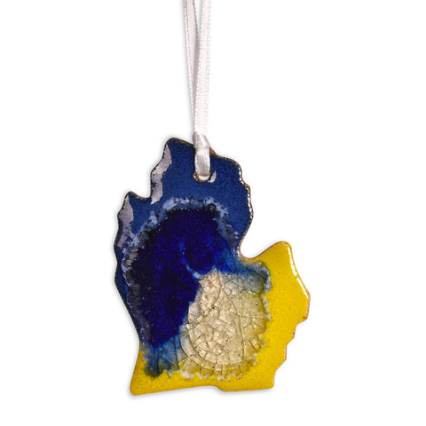 Dock 6 Pottery Lower Michigan Ornament with Fused Glass, Cobalt/Canary