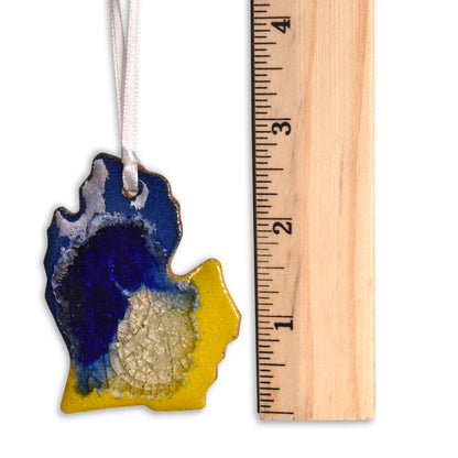 Dock 6 Pottery Lower Michigan Ornament with Fused Glass, Cobalt/Canary