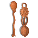 Carved Doussie Wood Condiment Spoons with Twig and Flower Handles, Set of 2