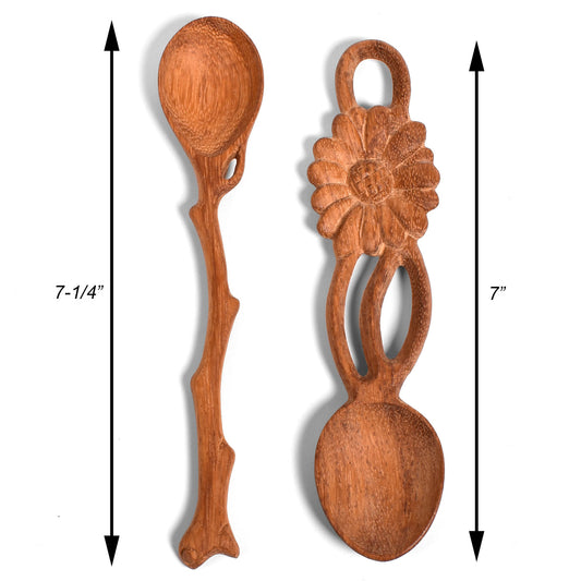 Carved Doussie Wood Condiment Spoons with Twig and Flower Handles, Set of 2