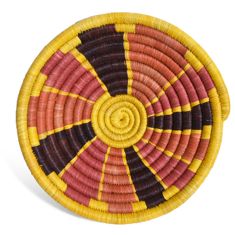 African Fair Trade Handwoven Raffia Basket for Wall or Table Display, Terracotta/Yellow, X-Small