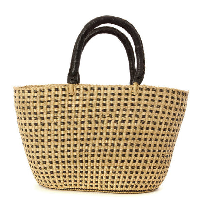 Bolga Elephant Grass Checked Shopper Tote, Handwoven in Ghana, Black/Natural
