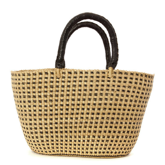 Bolga Elephant Grass Checked Shopper Tote, Handwoven in Ghana, Black/Natural