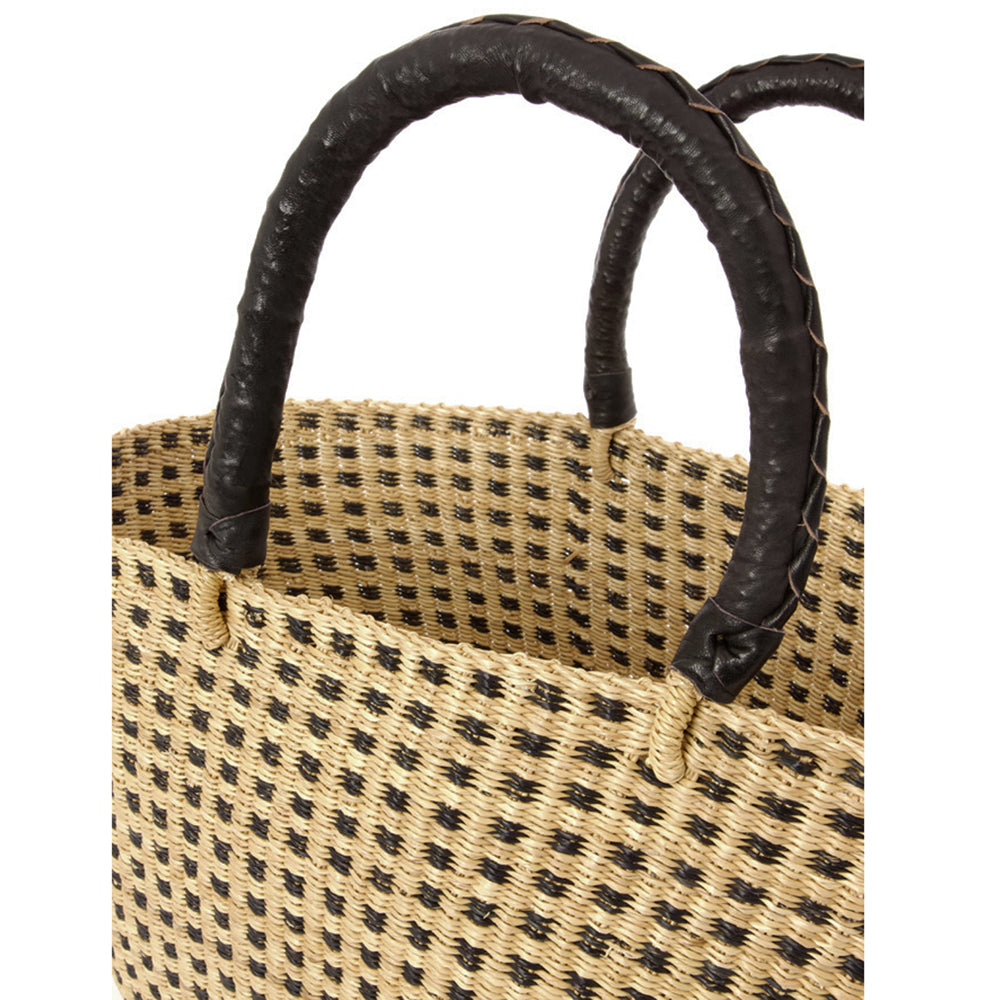 Bolga Elephant Grass Checked Shopper Tote, Handwoven in Ghana, Black/Natural